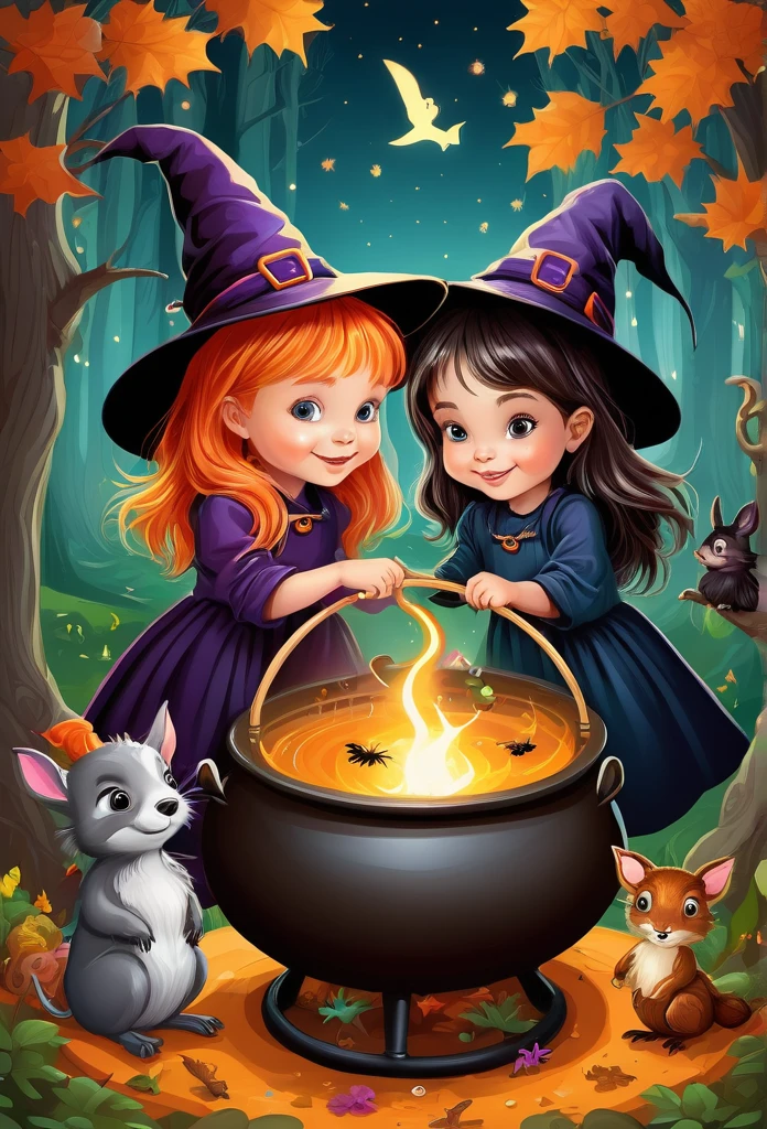 Two s witches,in a magic forest, gracefully playing with her caldron, surrounded by little animals