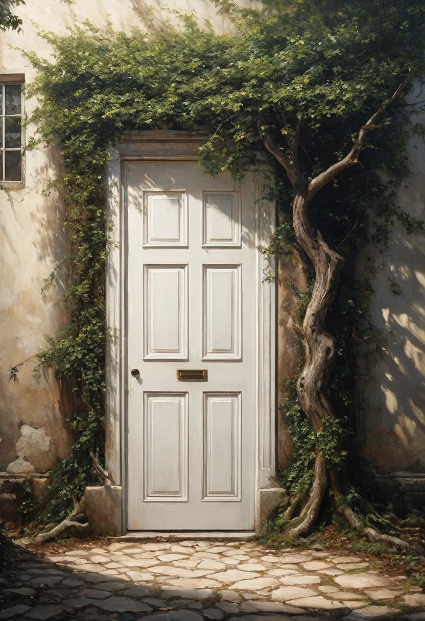 (best quality, super fine, 16k, incredibly absurdres, extremely detailed, 2.5D, delicate and dynamic, three-dimensional effect expressed by light and shade, highres, 8k, masterpiece, immersive atmosphere, film grain)
(Frontal image of a undetailed white door, white door, undetailed door, no details in the center: 1.5) (Frame around the door, paintings in the wall around, details around, detailed wall, detailed environment, fine detail, optial illusion, complex, hand draw, 3D painting, reality, fantasy art, enhance, intricate, sharp, best quality, masterpiece, Representative work, official art, Professional, 8k, based on the following poem: In the trees I spare the roots and only see my parents—but barely see trees here. In the buildings, I only see the windows and am already in love with what they hide—and I only see Her. In the cars, I only see the shadow and these ghosts haunt me. On the sidewalks, I do not see the viable paths you saw when we were together. And yes, in my place, the home where I sleep, I no longer see you, I do not dream much. In my hand, I do not see yours and what I create is already unique. In these fingerprints, I only see the typing touching the world. That I only see another aimlessly the same first moment—and second, and second, and minute, and I pray, and hour, and delay, night falls, day, and it is without eternal human life, week, at my mercy, nothing is mine, month, without a master, semester, without a plan, year, year and a half, without a middle, only an instant... and quickly I descend to the decade. In decadence, I soon reach the decade, and so soon I am already twenty years old...)
