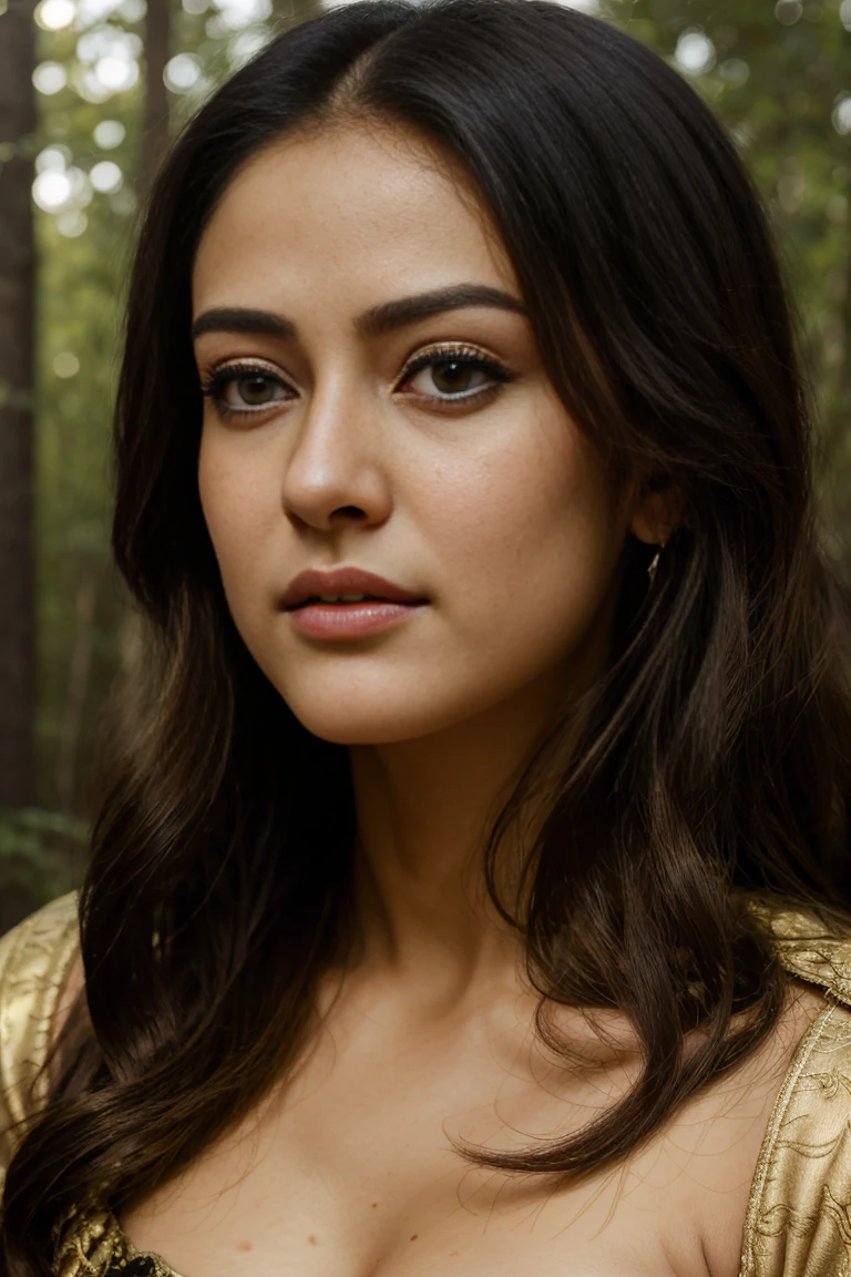 Face mix of Anushka Shetty and Nayanthara, a masterpiece ultrarealistic ultradetailed portrait of a beautiful girl in incredible goledn armor. baroque renaissance. in forest. medium shot, intricate, elegant, highly detailed. trending on artstation, digital art, by stanley artgerm lau, wlop, rossdraws, james jean, andrei riabovitchev, marc simonetti, yoshitaka amano. background by james jean and gustav klimt, light by julie bell, 4 k, porcelain skin.