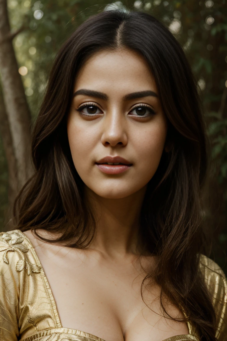 Face mix of Anushka Shetty and Nayanthara, a masterpiece ultrarealistic ultradetailed portrait of a beautiful girl in incredible goledn armor. baroque renaissance. in forest. medium shot, intricate, elegant, highly detailed. trending on artstation, digital art, by stanley artgerm lau, wlop, rossdraws, james jean, andrei riabovitchev, marc simonetti, yoshitaka amano. background by james jean and gustav klimt, light by julie bell, 4 k, porcelain skin.