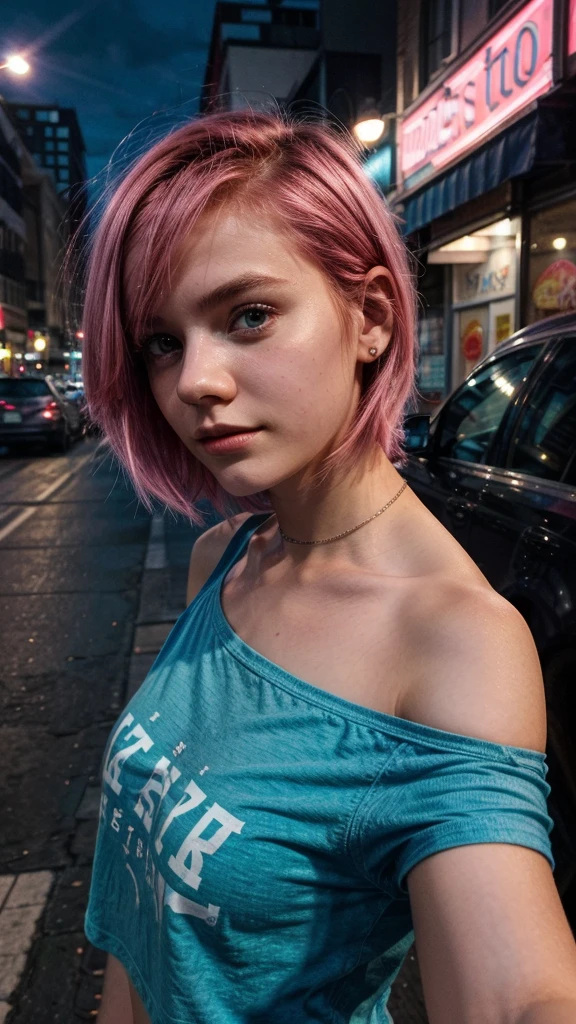 girl 21 years old, short shoulder-length hair, pink hair color, wearing a blue t-shirt, taking a selfie, city street in the background, it's night, low lighting, selfi