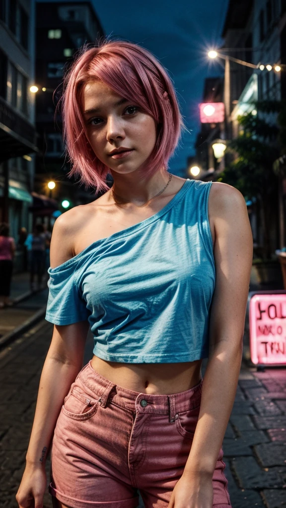 girl 21 years old, short shoulder-length hair, pink hair color, wearing a blue t-shirt, taking a selfie, city street in the background, it's night, low lighting, selfi