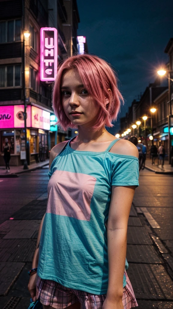 girl 21 years old, short shoulder-length hair, pink hair color, wearing a blue t-shirt, taking a selfie, city street in the background, it's night, low lighting, selfi