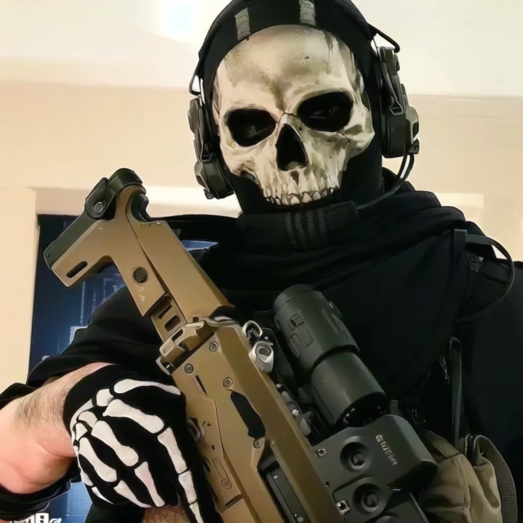 soldado con un M416 agarrada con las manos en postura erguida con la parte derecha del cuerpo con aspecto espectral, la mitad de la cara con la calavera al descubierto, the right arm of the uniform half torn making the skeletal arm underneath visible.
