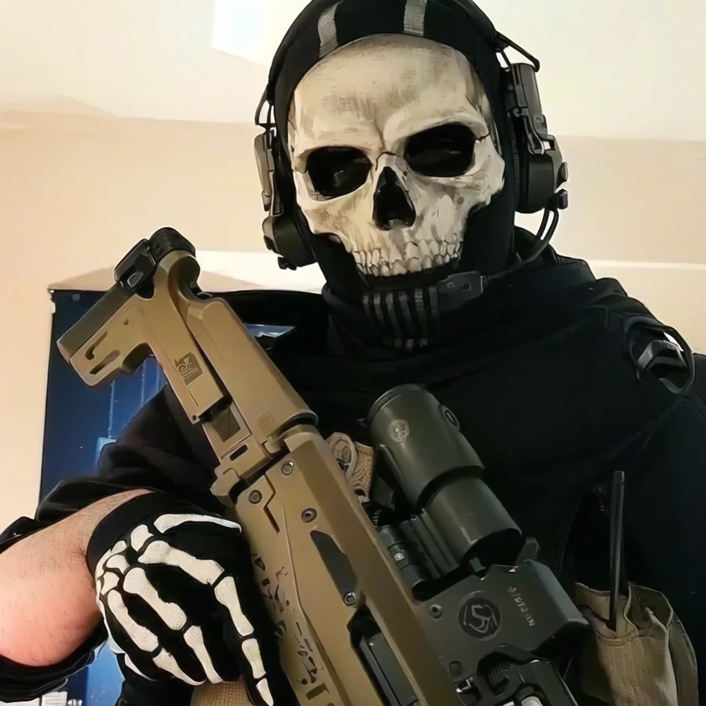 sharpened man with a skull mask holding a rifle, holding pdw, specific operations mask, wearing tactical gear, the reaper as a scary, ready for combat, airsoft cqb, techwear occultist, full face cover in skull shape, profile pic, wearing apocalyptic clothes, profile image, profile imageture 1024px