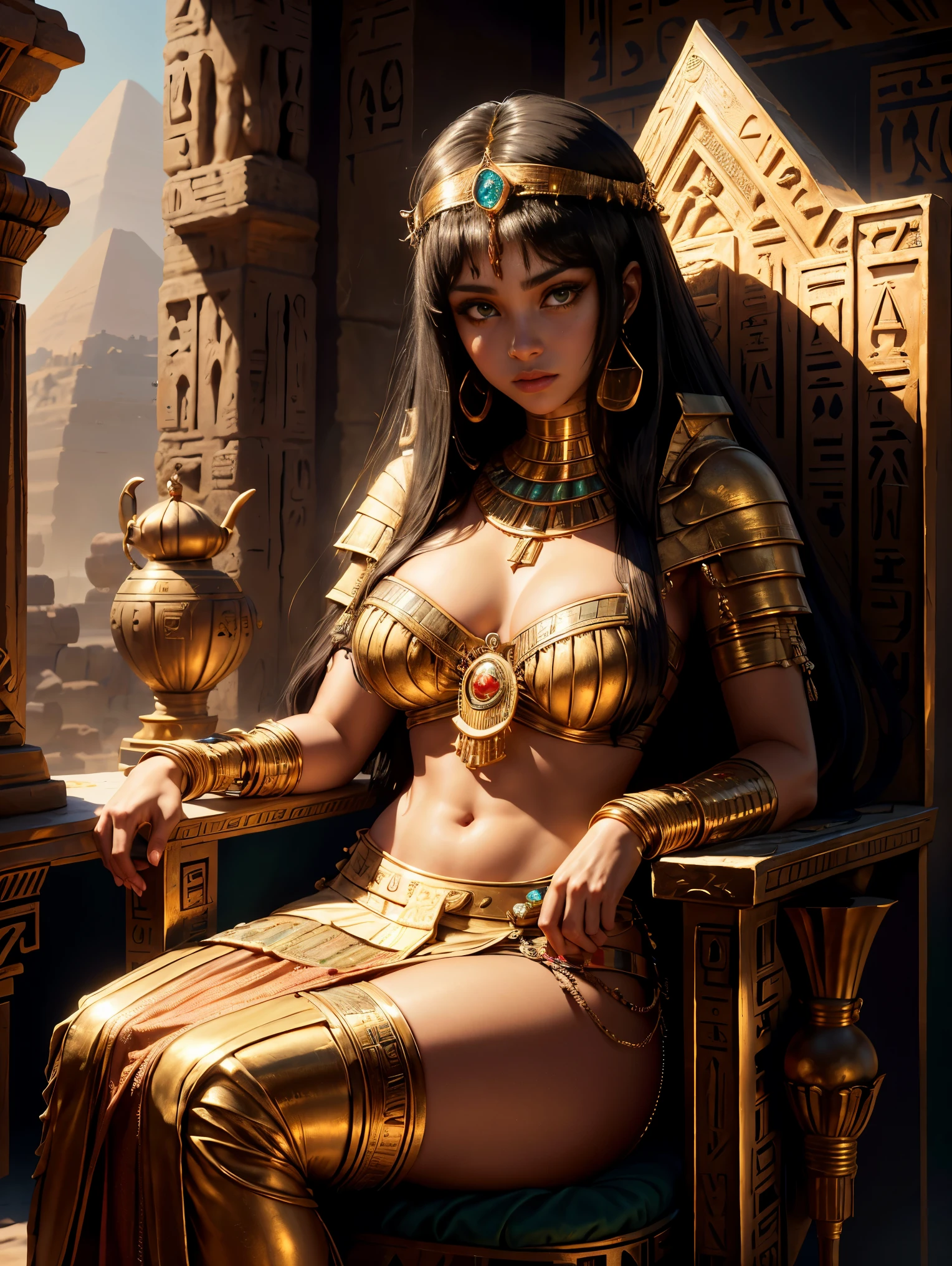 cleopatra, Greeks, queen of Egypt, (Ancient Egyptian Wig, Gold and gemstone wigs), (beautiful detailed face and eyes), green eyes, black hair, hair slicked back, bowl cut, light skin, finely detailed skin, (Ancient Egyptian Clothing), Egypt Dressup, gorgeous gold jeweled necklace, earrings, 1girl, solo, (Sitting on an Ancient Egyptian Throne:1.2), (Pyramids and desert in background), best quality, (masterpiece:1.2), high quality, Highres, (hyper detailed), (portrait), photorealistic, 4K, ultra HD, insanely detailed and intricate, high resolution, HDR, extremely detailed CG, f 2.8 lens, (beautiful detailed background), detailed landscape,