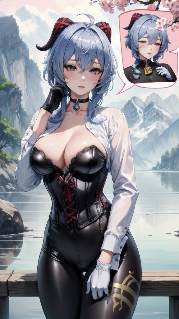 Masterpiece, Beautiful art, professional artist, 8k, sleeping expression, very detailed face, Detailed clothing, detailed fabric, 1 girl, Hiring, (genshin impact), View from the front, standing, big breasts, perfectly drawn body, pale skin, shy expression, beautiful face, agregar cuernos de Hiring en la cabeza, Long sky blue hair, 4k eyes, very detailed eyes, pink cheeks, choker:1.6, (white long sleeve button down shirt with white collar), black gloves, gloves that cover hands, (black leather corset), (shiny black leggings), Sensual Lips, show details in the eyes, lake with chinese mountain in the background, evening