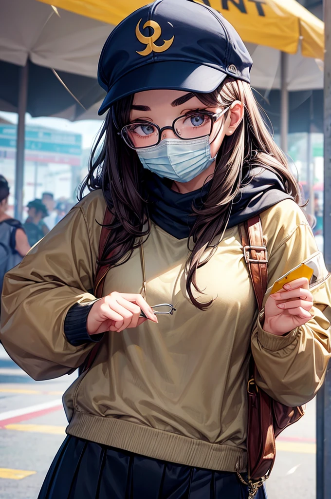 Girl wearing glasses, face masks and a cap, with striking eyebrows