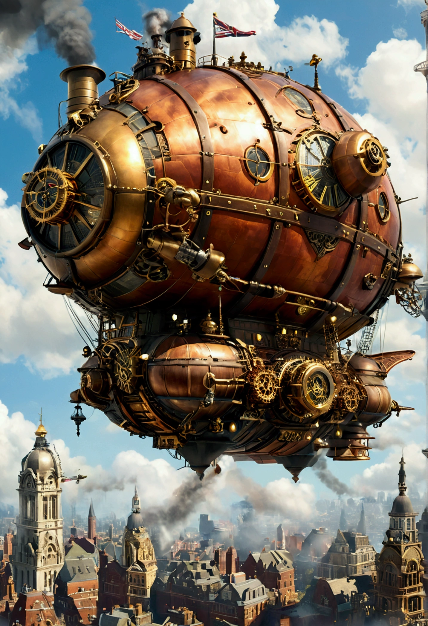 "A majestic steampunk airship soaring above a Victorian city. The ship has large, brass gears, intricate mechanical parts, and steam billowing from its engines. On the deck, a crew dressed in steampunk fashion - leather vests, brass goggles, and tool belts - are busy at work. The city below is filled with towering buildings, each adorned with metal structures and steam vents."
