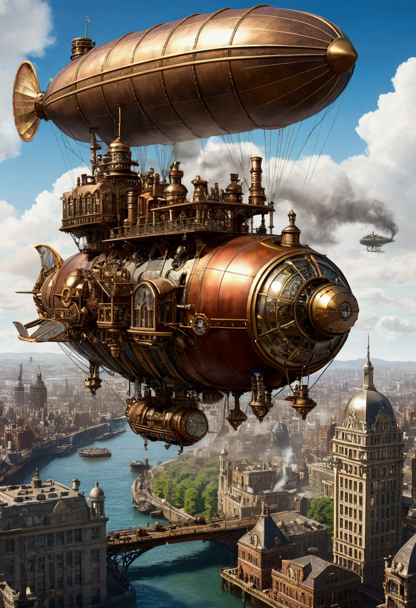 "A majestic steampunk airship soaring above a Victorian city. The ship has large, brass gears, intricate mechanical parts, and steam billowing from its engines. On the deck, a crew dressed in steampunk fashion - leather vests, brass goggles, and tool belts - are busy at work. The city below is filled with towering buildings, each adorned with metal structures and steam vents."
