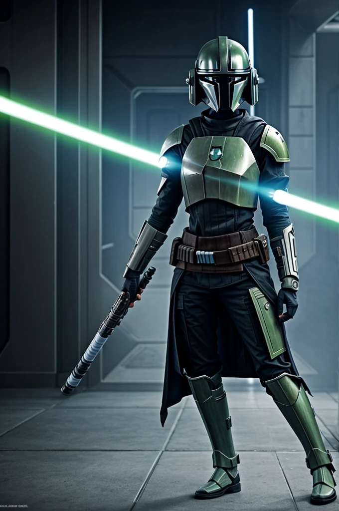 A female character with a lightsaber and a style very similar to the Mandalorians from Star Wars posing in a futuristic environment