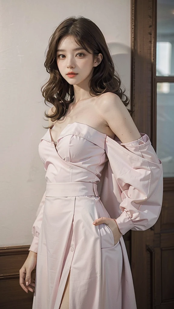 detailed background, masterpiece, best quality, 1 person , curly hair, long hair, purple eyes, star in eye , pink Strapless blouse, long skirt