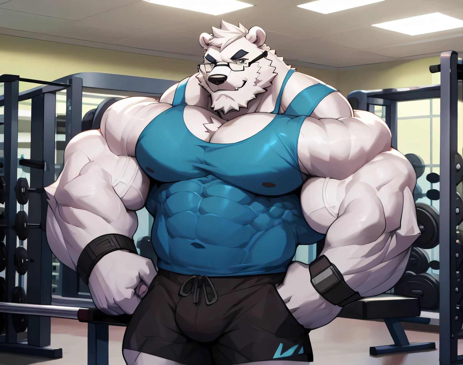 solo, 1boy, Huge Muscular White Polar Bear wearing glasses, huge white fur, pectoral, huge pectoral, wide pectoral, short white hair, blue colored short pants, blue colored wristbands and blue colored tank top, white bearded, white Mustache, white fur, black eyebrows, gym fitness center background, masterpiece, high detailed, detailed eyes, 8k, high resolution, at the gym, flexes huge thorax, looking at the viewer, acting all hunk