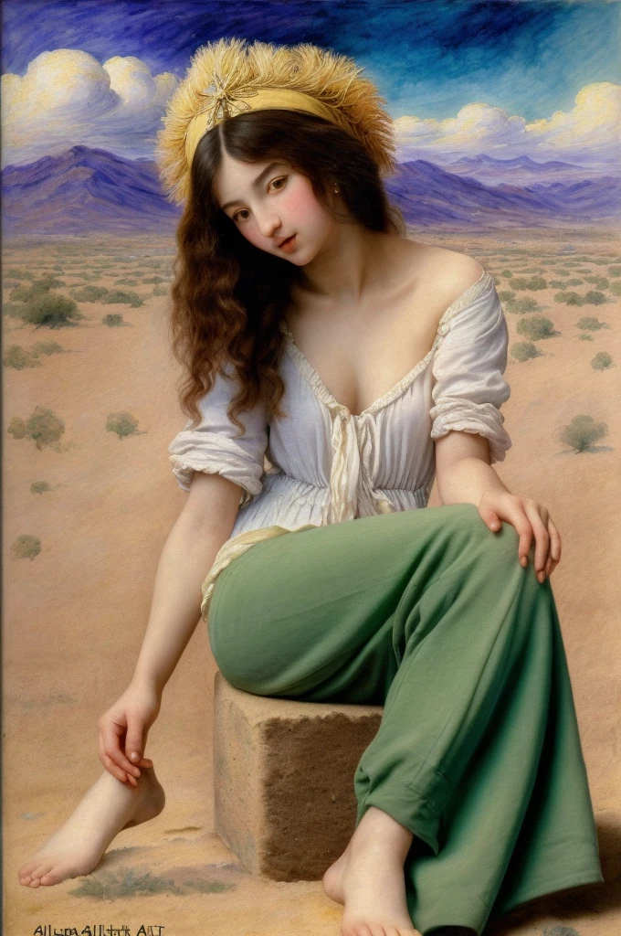 "An attractive young  princess Budur is sitting in Caracum desert" The outfit of a Persian princess ((in the style of Jean-Baptiste Greuze / Albrecht-Altdorfer )), lush watercolor palette canvas/acrylic, intricate, extreme detail, complex key, ((single shot)), ((best quality)), ((masterpiece)), ((realistic)), 8k, impressionism: 0.2 full hd wallpaper