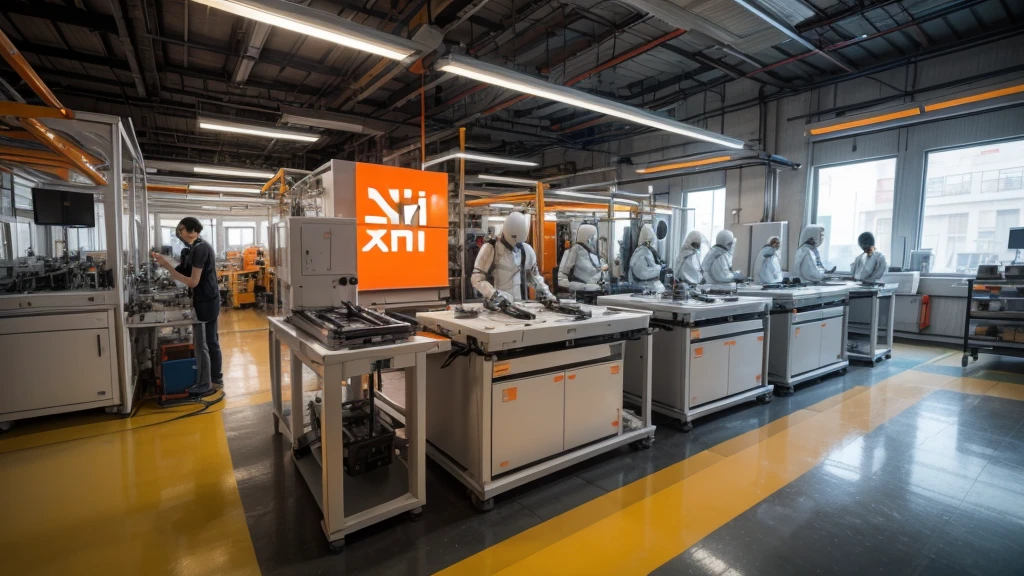 Create a realistic image of several humanoid robots in white and orange colors by manufacturing parts and other robots in a Xiaomi factory Realistic