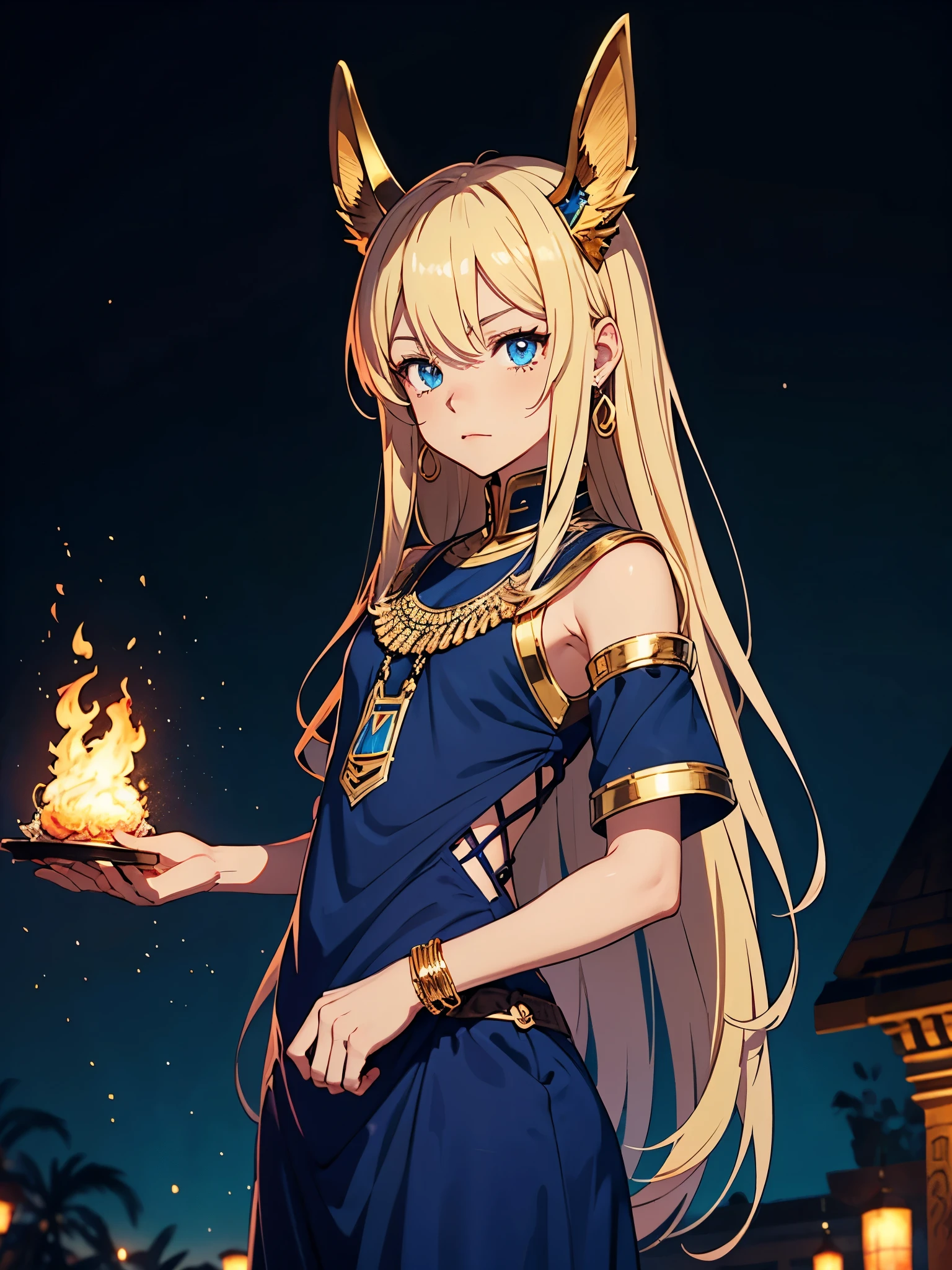 Schakalohren. Männlicher. Älter. Flammen. Feuer. More anime style. cutie pie. アニメ! Teenage boy. Egyptian deity Anubis. Egyptian blue clothing. Blue clothes. long blond hair. Lots of gold jewelry. dark skin. Egyptian. dazzling blue eyes. mystical. divine.