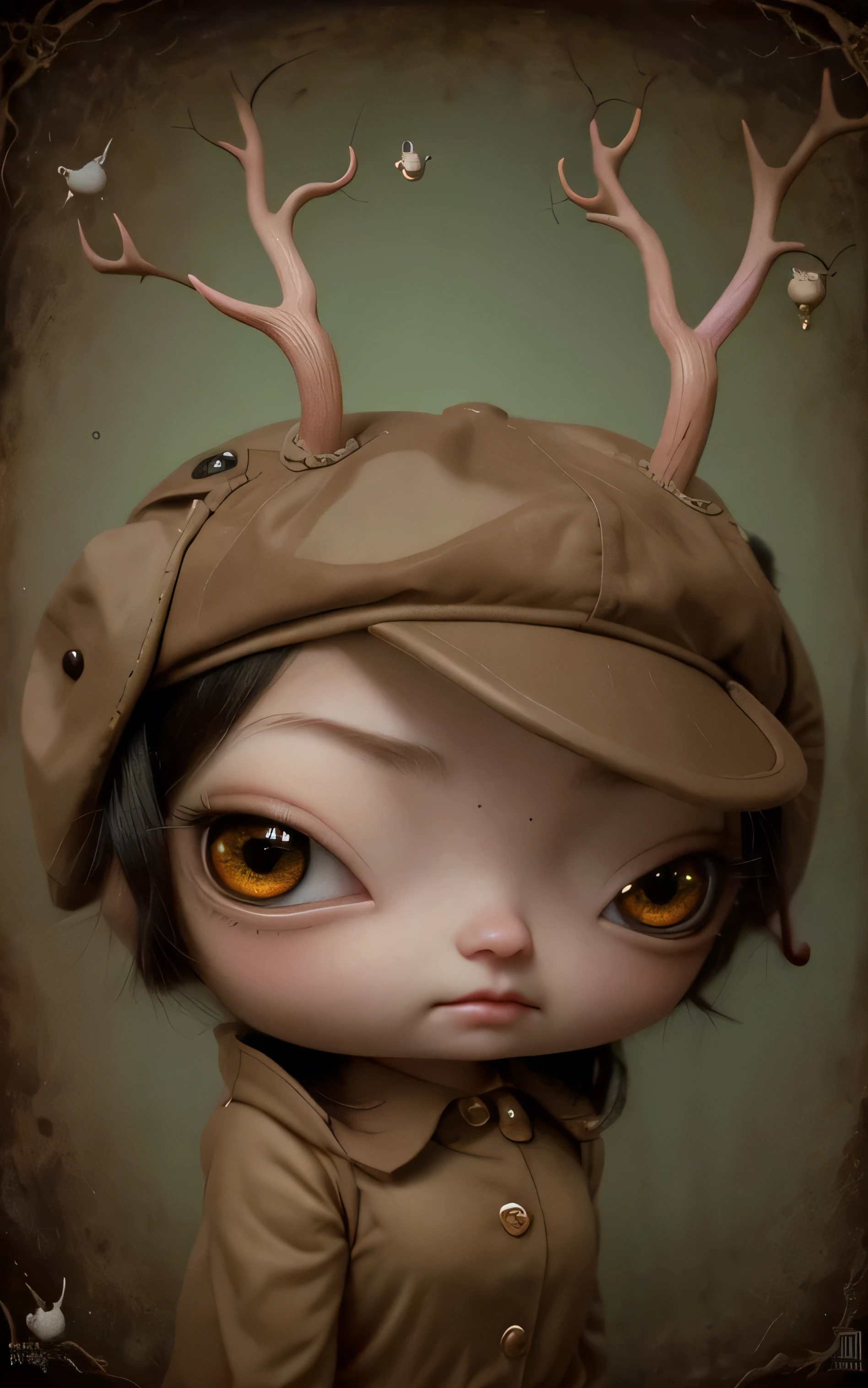 Painting of a girl with deer antlers on her head, Estilo Mark Ryden, Mark Ryden muy detallado, Estilo de Mark Ryden, Naoto Hattori, Surrealismo pop lowbrow, Mark Ryden en el estilo de, benjamin lacombe,  Earley, Surrealismo pop Lowbrow Art Style, Arte lowbrow, por Mark Ryden,  cute and beautiful, wearing cap, more details, amazing,  colorful, with animals, with cute cat, with birds, holding a lollipop,  holding a pet