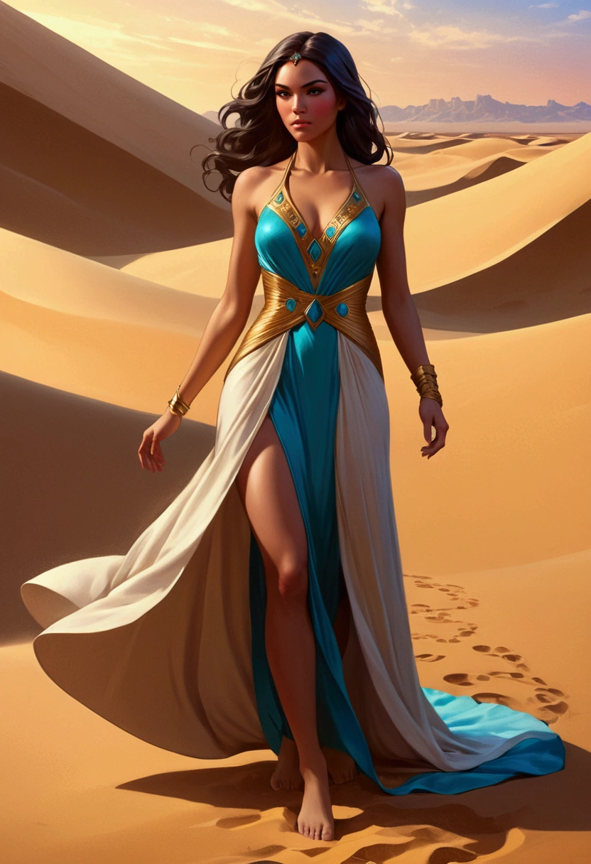 Desert Princess, robe, sand, by Artgerm, full body, cinematic still, cinemascope, best quality, masterpiece, very aesthetic, perfect composition, intricate details, ultra-detailed, vivid colors