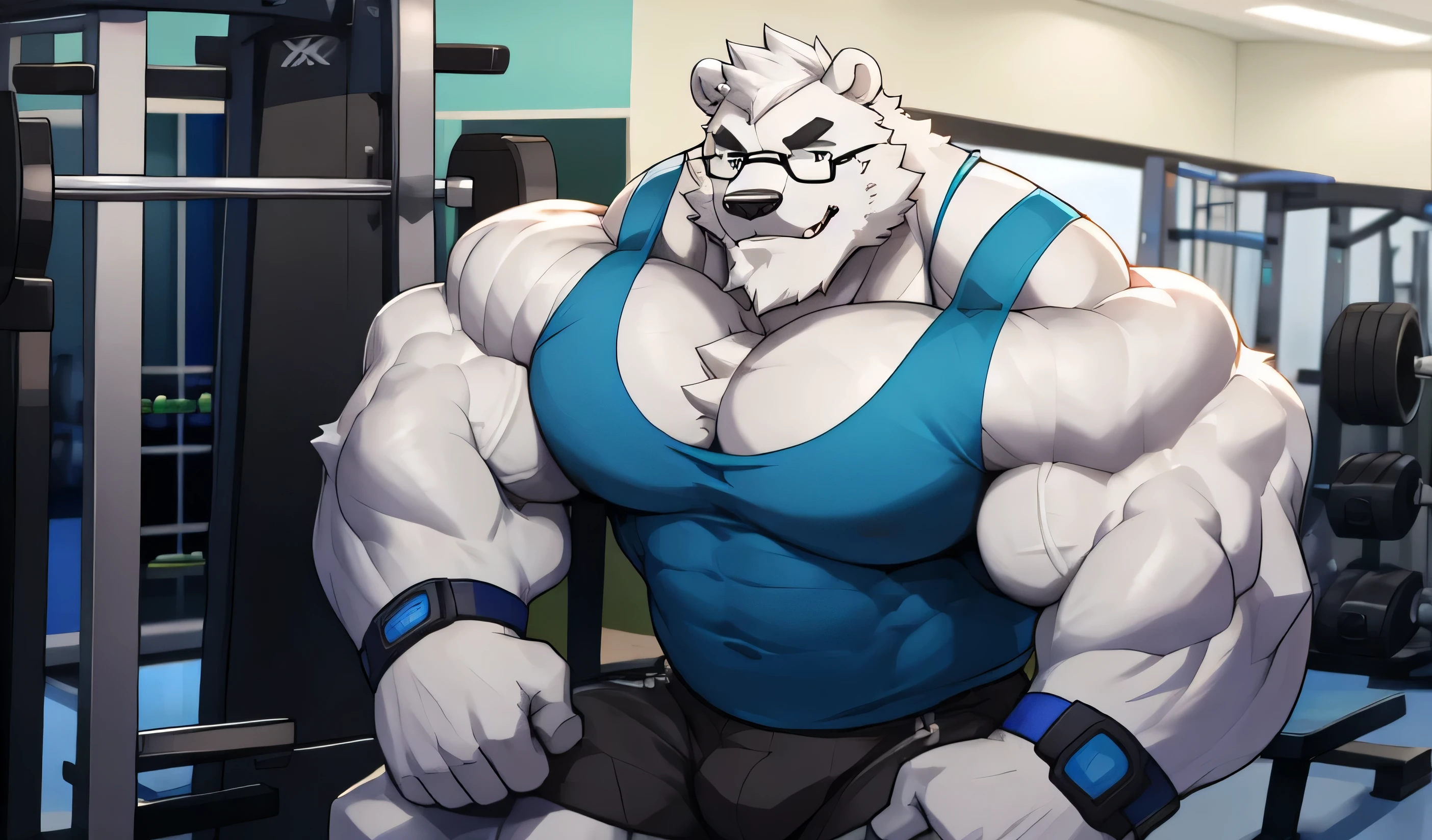 solo, 1boy, Huge Muscular White Polar Bear wearing glasses, huge white fur, pectoral, huge pectoral, wide pectoral, short white hair, blue colored short pants, blue colored wristbands and blue colored tank top, white bearded, white Mustache, white fur, black eyebrows, gym fitness center background, masterpiece, high detailed, 8k, high resolution, at the gym, flexes huge thorax, looking at the viewer, acting all hunk