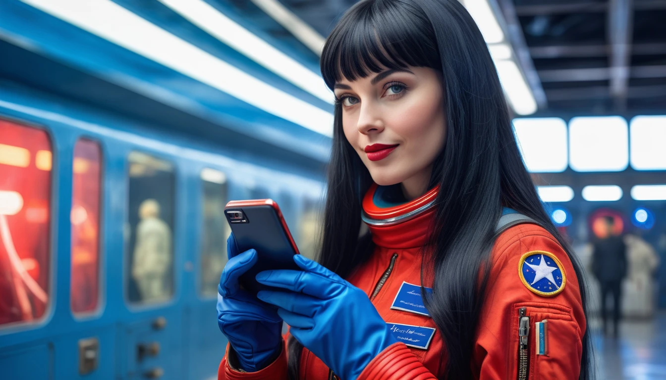 High-quality realistic acrylic art, vivid colors, lateral point of view, a beautiful vintage european woman with long black straight hair, bangs, looking at the viewer with suspicious face and a shy smile, she wears red space suit, gloves, holding a sophisticated cell phone, soft blue lights, background exterior of space militar facilty