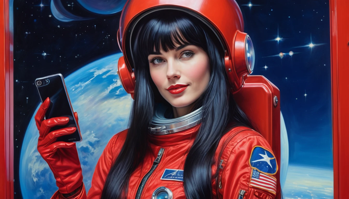 High-quality realistic acrylic art, vivid colors, lateral point of view, a beautiful vintage european woman with long black straight hair, bangs, looking at the viewer with suspicious face and a shy smile, she wears red space suit, gloves, holding a sophisticated cell phone, soft blue lights, background exterior of space militar facilty