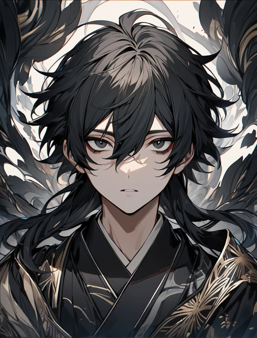 (black_hair), (long_male_hair), (deep_black_eyes), (high_detailed_eyes), (attractive), (emotionless), (male), (wearing _a_Unique_kimono), (detailed_Hair), (detailed), (detailed_mouth), (young_appearance), (dark_under_eyes)