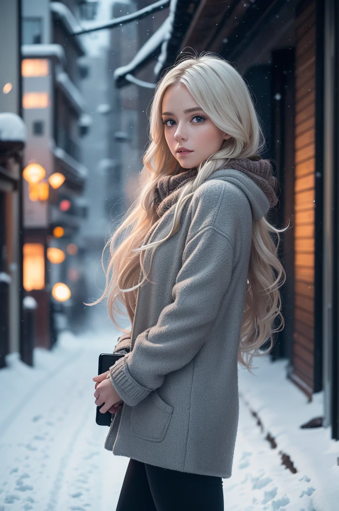 professional photography of a beautiful norwegian girl in winter clothes with long wavy blonde hair, sensual and seductive look, beautiful symmetrical face, beautiful natural makeup, wearing chic warm winter fashion clothing, ((standing outside on the snowy city street)), impressive modern urban environment, ultra realistic, conceptual artwork, chic, highy detailed, intricate, sharp focus, Depth of field, f/1. 8, 85 mm, medium shot, mid shot, (((professional color grading))), soft and bright diffused light, (Volumetric fog), Trends on Instagram, HD 4k, 8K