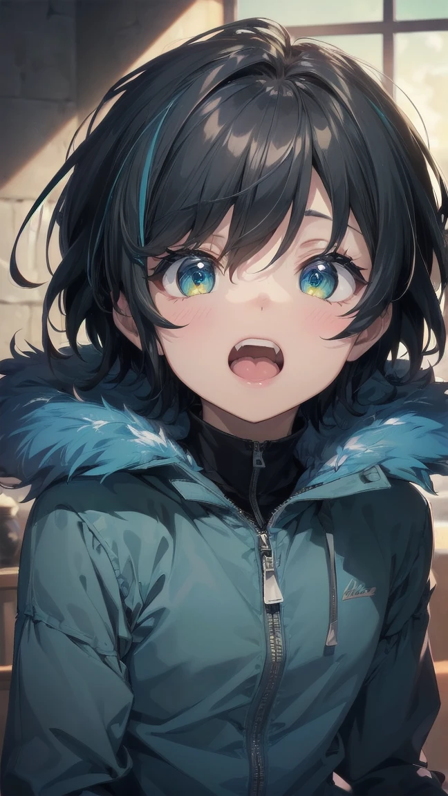 Close-up of a cartoon girl with blue hair and a yellow shirt, 2D Animation, 2D Animation style, 2D Art, 2D Art, 2D from Gorillaz, 2D from Gorillaz, 2D Gorillaz, Screaming Cerket, 2D Sprites, Jinx Face, short hair, hot pants, Small breasts, ((Black Hair, Bright blue fur inside:1.4)), My eyes are hidden