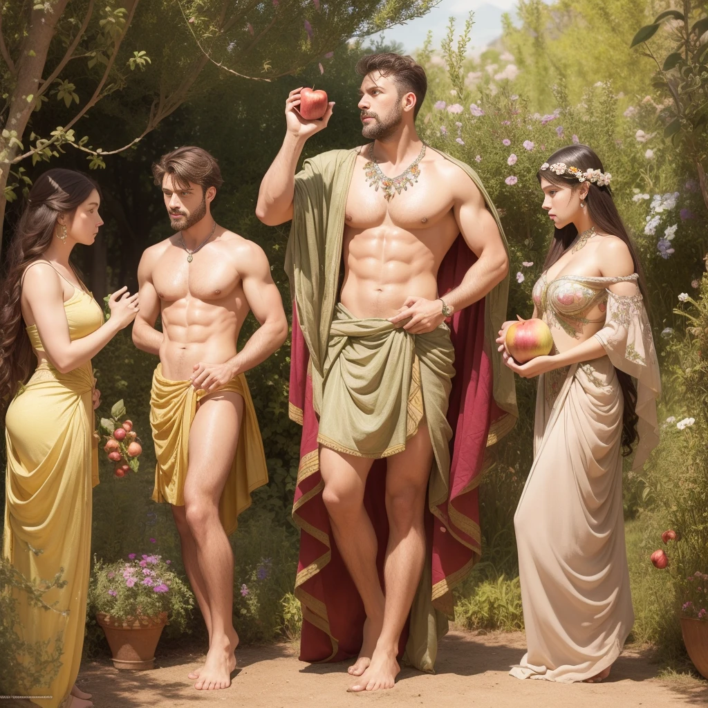fullbody, painted of full body of four peoples, foot on ground, a standing greek handsome man give an apple to a naked woman with flower, a woman with shield, a woman stand front of a Peacock, masculine, mature, muscular, hairy torso, fantasy, intricate, elegant, highly detailed, digital painting, artstation, concept art, smooth, sharp focus, illustration, art by gaston bussiere and alphonse mucha, looking each other.