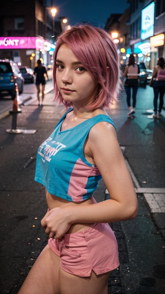 girl 21 years old, short shoulder-length hair, pink hair color, wearing a blue t-shirt, taking a selfie, city street in the background, it's night, low lighting, selfi