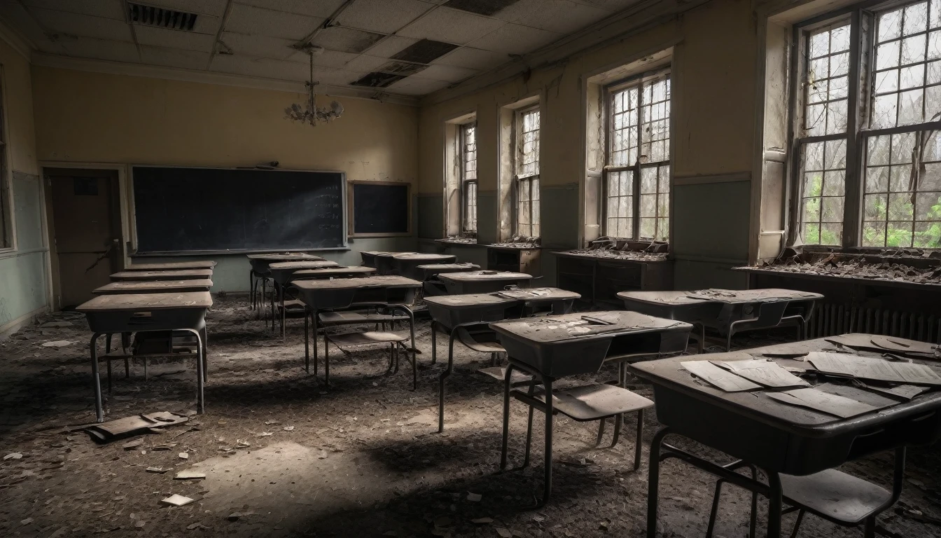 inside a deserted classroom, where old tables and decorations still remained like vestiges of a distant past.
The darkness of the stormy day mixed with the darkness of the abandoned school, illuminated only by the faint light coming through the windows and doors.