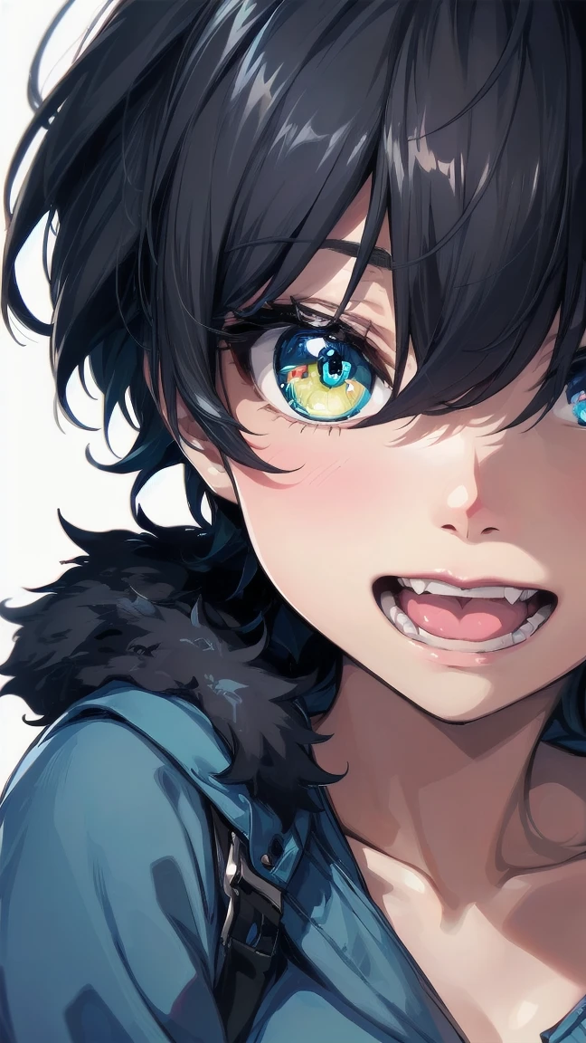 Close-up of a cartoon girl with blue hair and a yellow shirt, 2D Animation, 2D Animation style, 2D Art, 2D Art, 2D from Gorillaz, 2D from Gorillaz, 2D Gorillaz, Screaming Cerket, 2D Sprites, Jinx Face, short hair, hot pants, Small breasts, ((Black Hair, Bright blue fur inside:1.4))