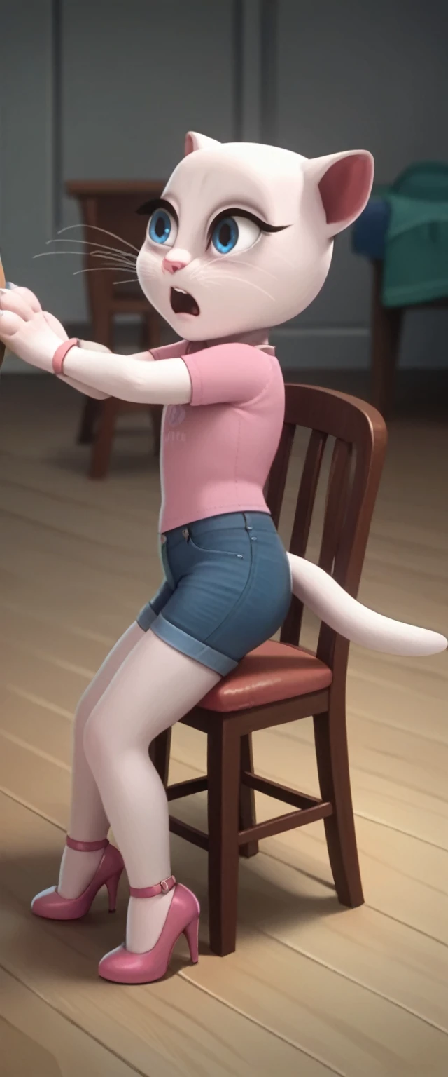 solo focus, a_la, 1girl, cat, white fur, long whiskers on both sides of the face, big bright blue eyes, big black eyelashes, pink nose, triangular ears with pink channels, high heels.short jeans pulled down. 1 girl and 1 boy human. side view. chair woman on the side. The man lies on his back on the floor with his legs closed. Woman sits on man anal screaming, lying, at home, looking back, big penis, 1 male rape, girl . Score_9, Score_8_up, Score_7_