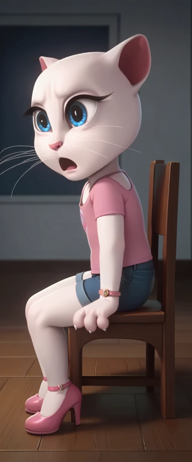 solo focus, a_la, 1girl, cat, white fur, long whiskers on both sides of the face, big bright blue eyes, big black eyelashes, pink nose, triangular ears with pink channels, high heels.short jeans pulled down. 1 girl and 1 boy human. side view. chair woman on the side. The man lies on his back on the floor with his legs closed. Woman sits on man anal screaming, lying, at home, looking back, big penis, 1 male rape, girl . Score_9, Score_8_up, Score_7_
