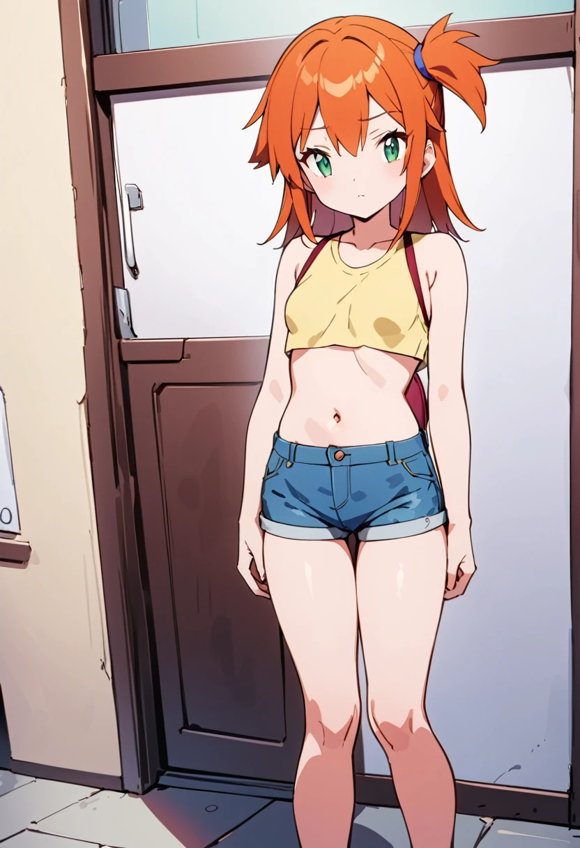 ((masterpiece,High resolution,Highest quality,8K,Detailed faces and anatomy))
(Misty_Pokemon)(One 18-year-old woman)
(Berry Short,Orange Hair,one side up hair,Big green eyes,Small breasts,Skinny)
(Yellow sleeveless T-shirt,Belly button exposed,Denim hot pants,Red suspenders,sneakers)