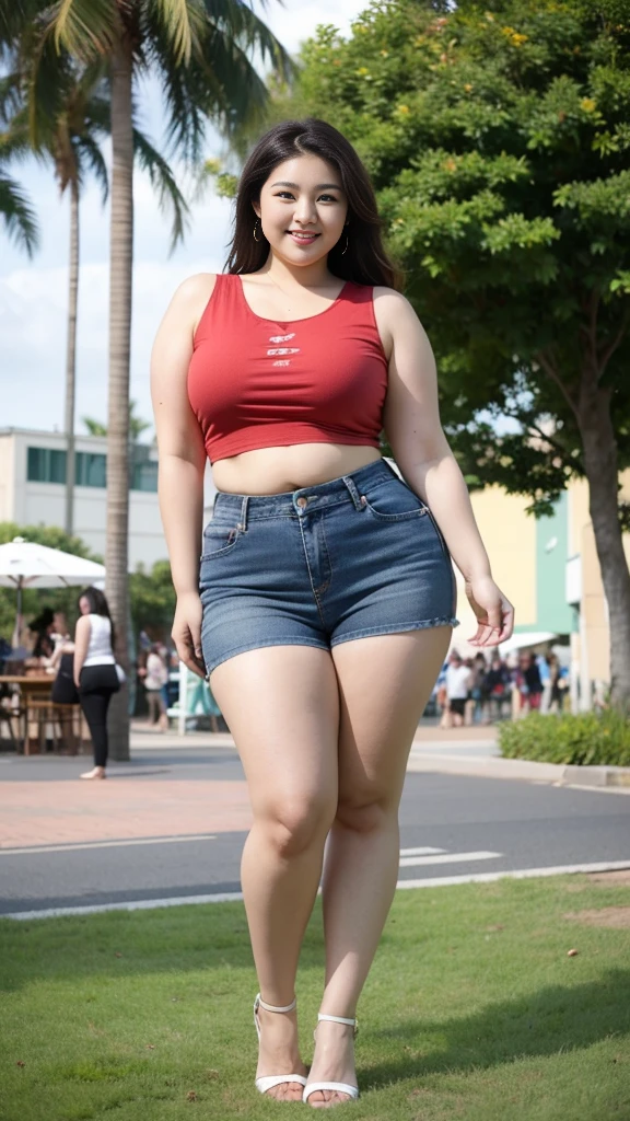 Four twin sisters,Smiling fat woman ((best quality)), ((masterpiece)), (detailed), Perfect face, Wearing a green sports vest and short skirt, The other was wearing a red baggy shirt and jeans, Thin waist and thick hips, Soft curves, hyperPractical full figure, Wearing a cute top, Long legs,,thickness, Four beautiful plump women, Four curvy female targets,Clear curve details, Curvy hourglass figure, Charming plus size models, bbw酱, full image, Surface Model, Curvy body, (full-body shot)blush, 1girll fat , Golden Ratio,(White and tender skin:),High quality background, HD, Practical, HDR. pedestrian mall,Skin as white as paper,High heel,Beach,coconut tree