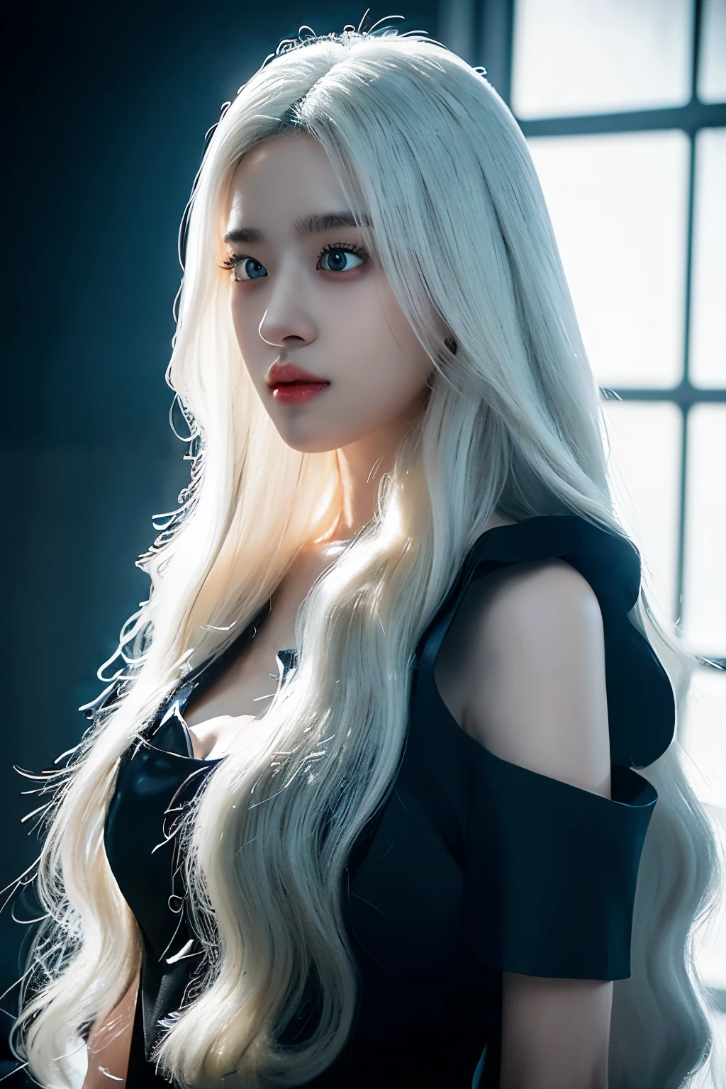 1 woman, White long curly hair，Natural and beauty hair, clean and beauty. White hair. Blue natural eyes. Black clothes. Black, shadows. Night. Fondo oscuro, sin luz. Mortem. La muerte. Enfermedad, camilla, hospital. Black dress, vendas. 