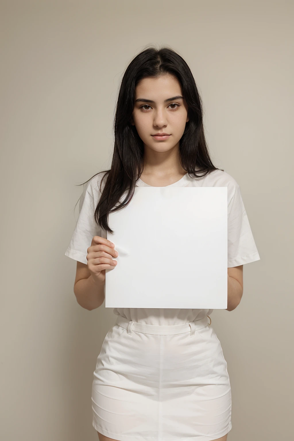 A beautiful woman with black hair and very white skin, thin, 20 years old, has a sheet of notebook paper in her hand with the word "Omar" drawn on it, looking towards the camera.