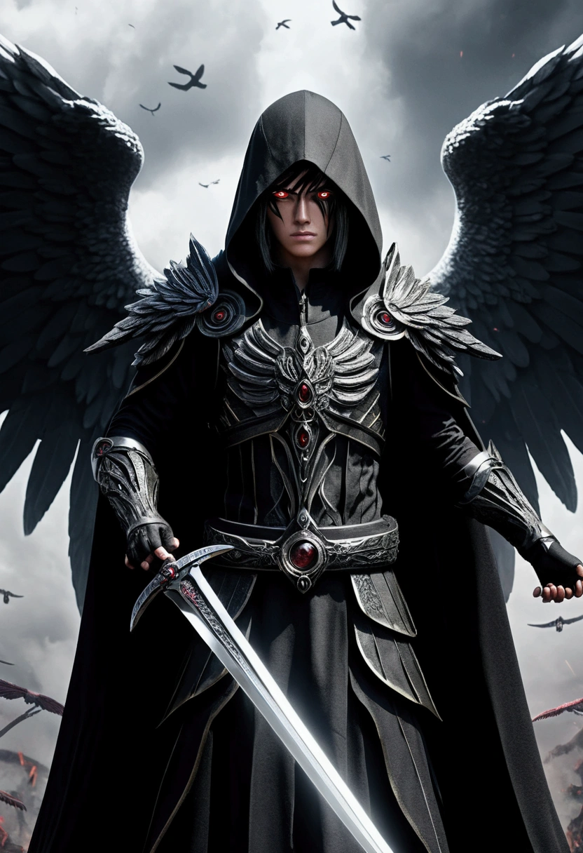 Realistic, 4K, Angels with big wings, Black clothes, one sword, Hood in war background image (chaos) rinnegan eyes