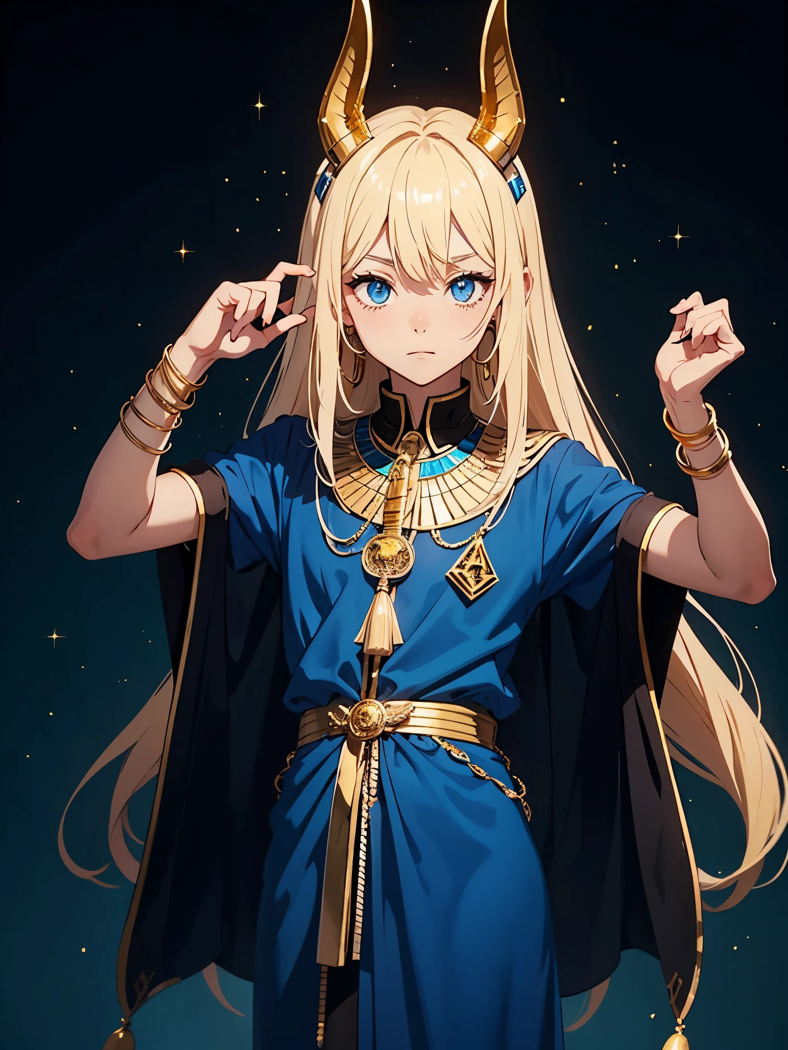 Schakalohren. Männlicher. Älter. Flammen. Feuer. More anime style. cutie pie. アニメ! Teenage boy. Egyptian deity Anubis. Egyptian blue clothing. Blue clothes. long blond hair. Lots of gold jewelry. dark skin. Egyptian. dazzling blue eyes. mystical. divine.