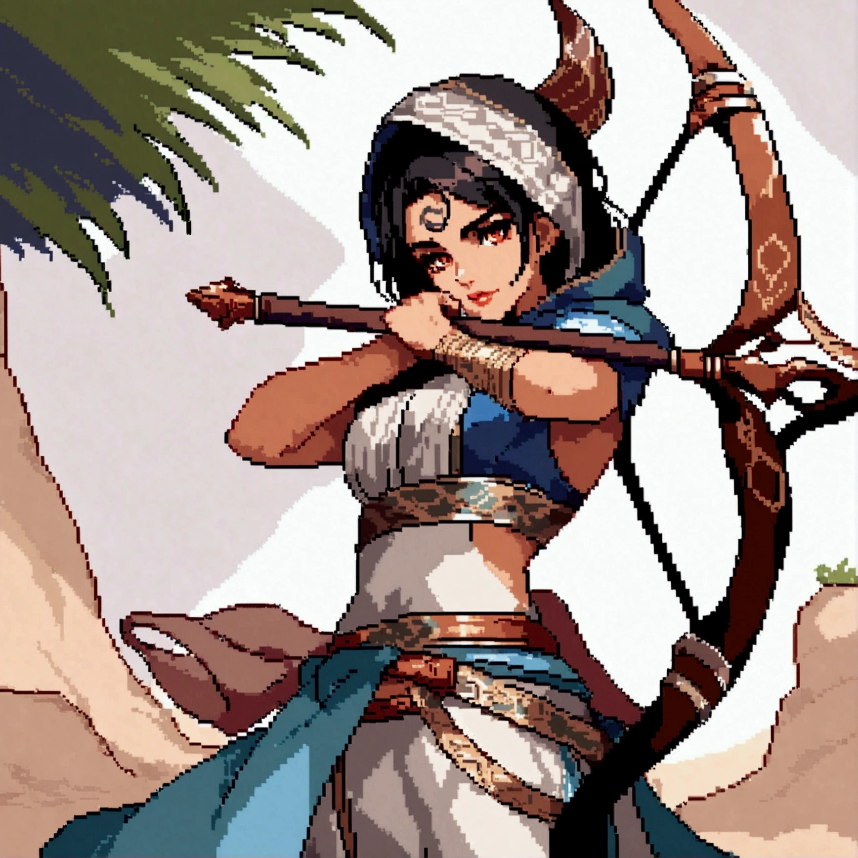 Create an image of a shadowy archer with a large ornate bow. He is wearing a hood that partially hides his face, and is on a rooftop, prepared to attack, in pixel art.