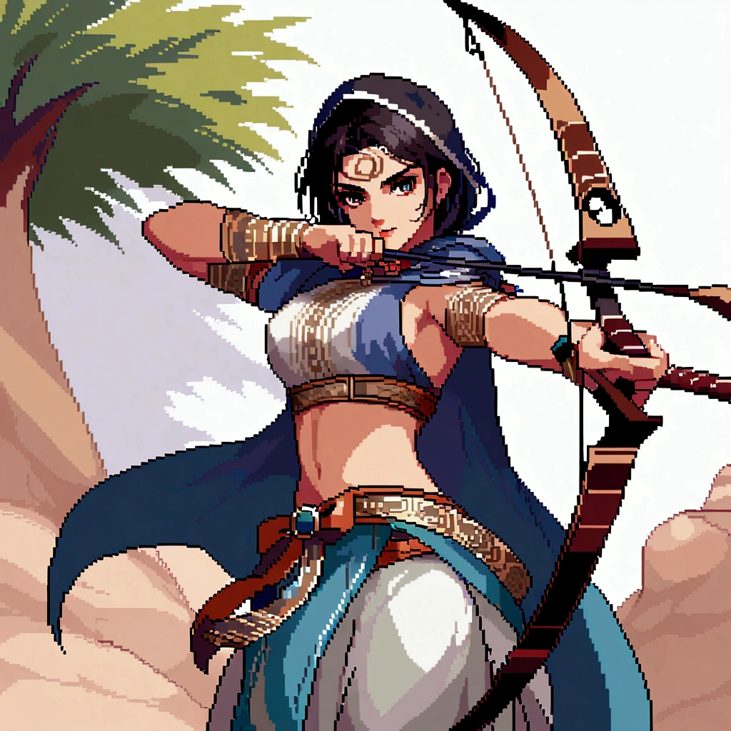 Create an image of a shadowy archer with a large ornate bow. He is wearing a hood that partially hides his face, and is on a rooftop, prepared to attack, in pixel art.