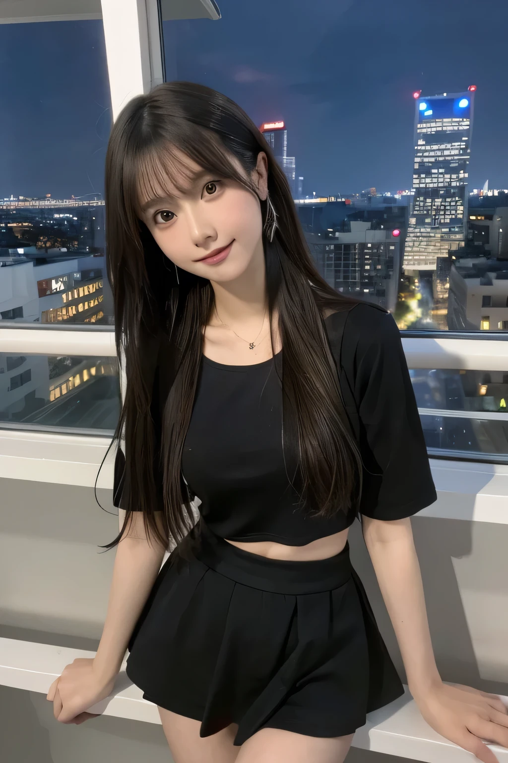 (masterpiece:1.3), (best quality:1.1), (8k, ultra detailed, ultra high res:1.2), ((anime style)), perfect 5 fingers, perfect anatomy, on right,
1girl, BREAK A-line skirt,black skirt, ((lace tops)),
BREAK long hair, wavy hair, black hair,
(small breasts:0.9), smile, BREAK looking away,
cowboy shot, standing, leaning back,
(detailed background:1.2), outdoor, outside, ((Night city view:1.3)), skyline,