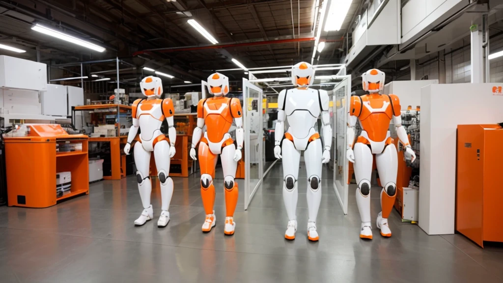 Create a realistic image of several humanoid robots in white and orange colors by manufacturing parts and other robots in a Xiaomi factory Realistic