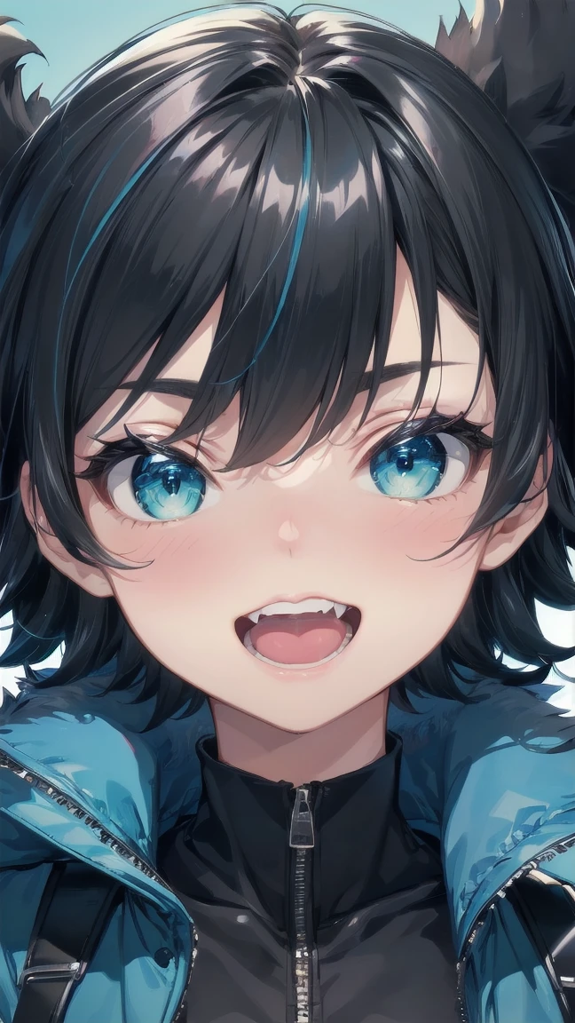 Close-up of a cartoon girl with blue hair and a yellow shirt, 2D Animation, 2D Animation style, 2D Art, 2D Art, 2D from Gorillaz, 2D from Gorillaz, 2D Gorillaz, Screaming Cerket, 2D Sprites, Jinx Face, short hair, hot pants, Small breasts, ((Black Hair, Bright blue fur inside:1.4))