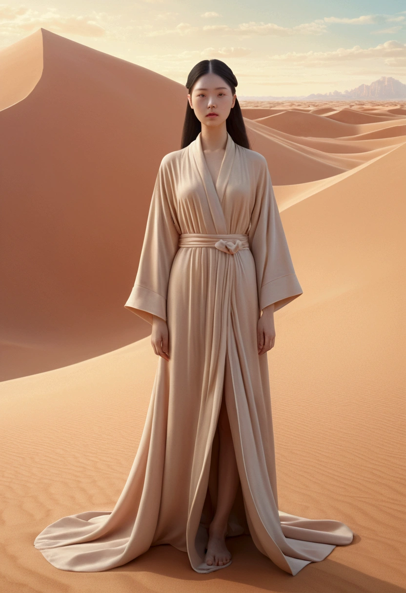 Desert Princess, robe, sand, by Hsiao Ron Cheng, full body, cinematic still, cinemascope, best quality, masterpiece, very aesthetic, perfect composition, intricate details, ultra-detailed, vivid colors