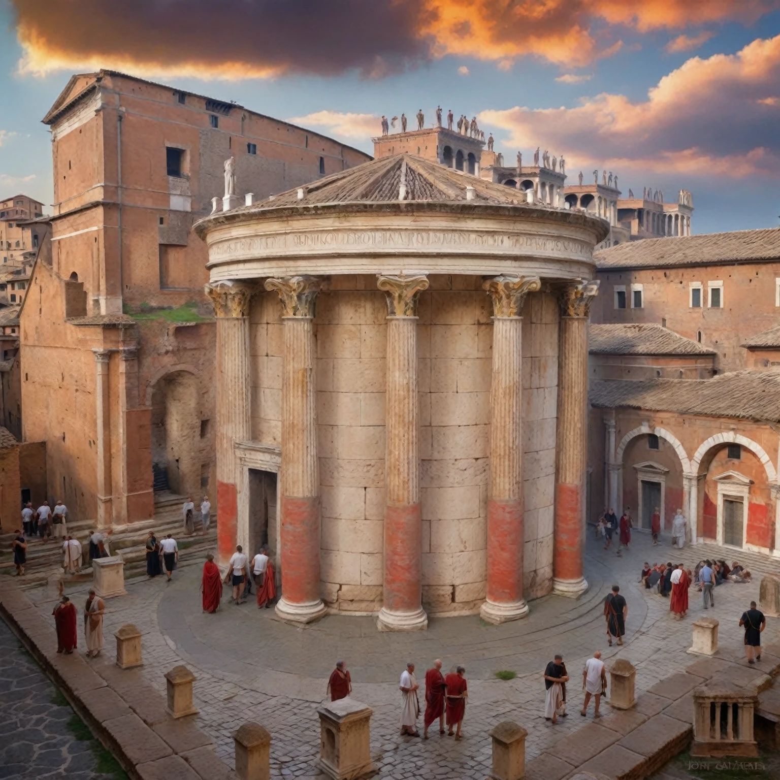 there are many people standing around a building in a courtyard, ancient roman setting, ancient roman style, old roman style, surrealistic roman architecture, ancient rome, roman architecture, pantheon, market in ancient rome, by John La Gatta, rome, roman festival backdrop, roman style, roman city, roman monuments, a wide open courtyard in an epic, roman setting