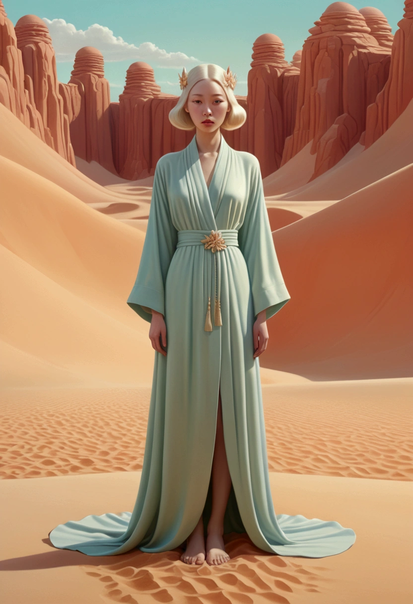 Desert Princess, robe, sand, by Hsiao Ron Cheng, full body, cinematic still, cinemascope, best quality, masterpiece, very aesthetic, perfect composition, intricate details, ultra-detailed, vivid colors