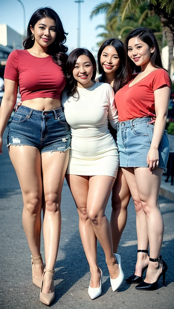 Four twin sisters，Smiling fat woman  ((best quality)), ((masterpiece)), (detailed), Perfect face, Wearing a green sports vest and short skirt, The other was wearing a red baggy shirt and jeans, Thin waist and thick hips,  Soft curves, hyperPractical full figure, Wearing a cute top, Long legs,,thickness, Four beautiful plump women, Four curvy female targets，Clear curve details, Curvy hourglass figure, Charming plus size models, bbw酱, full image, Surface Model, Curvy body, （full-body shot）blush, 1girll fat , Golden Ratio,(White and tender skin:),High quality background, HD, Practical, HDR. pedestrian mall，Skin as white as paper，High heel，Beach，coconut tree