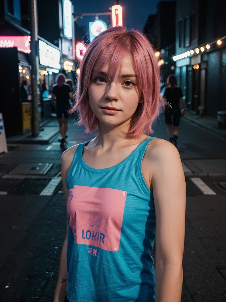 girl 21 years old, short shoulder-length hair, pink hair color, wearing a blue t-shirt, taking a selfie, city street in the background, it's night, low lighting, selfi